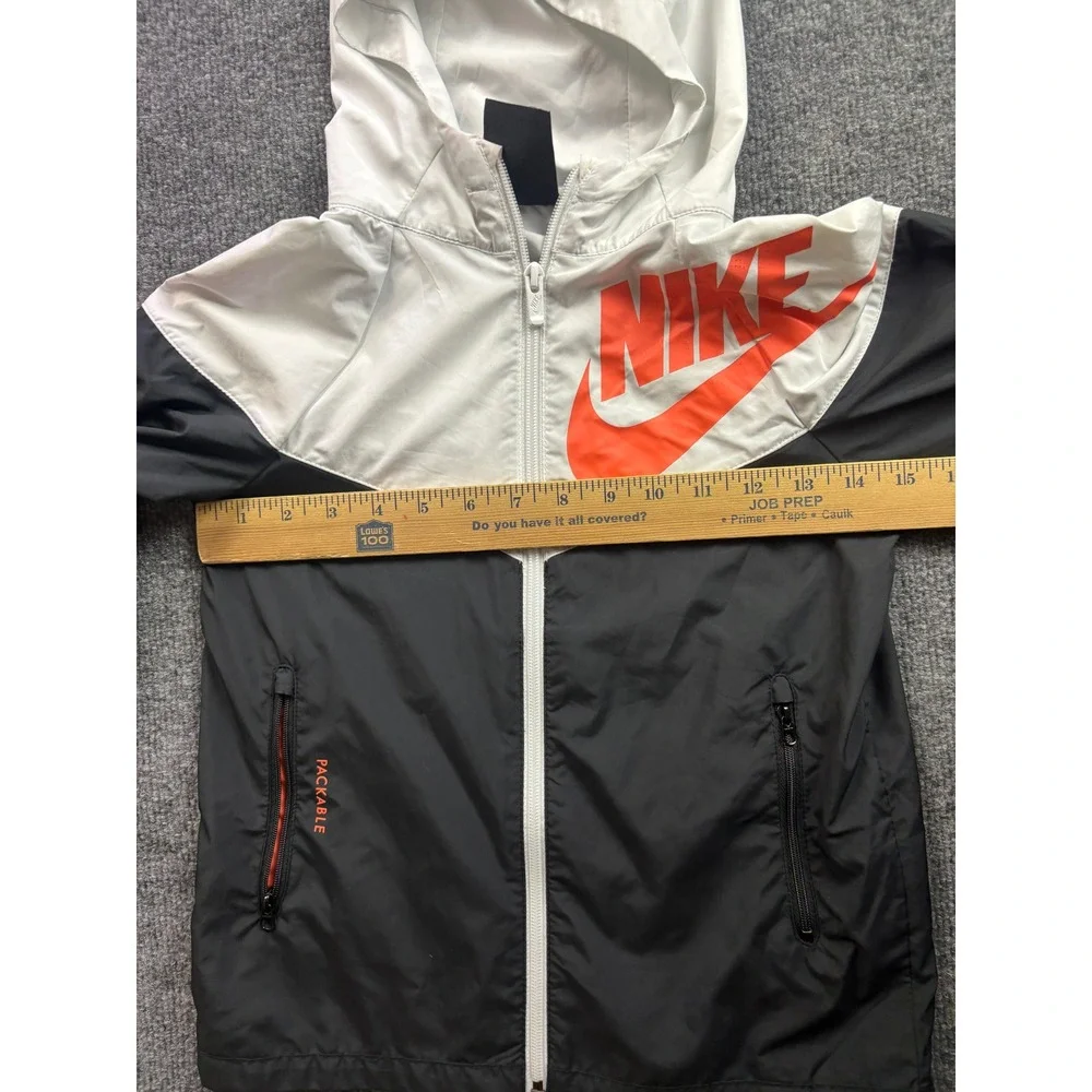 Nike Windbreaker Jacket Kids XS White Black Orange Packable Hooded Zip Up